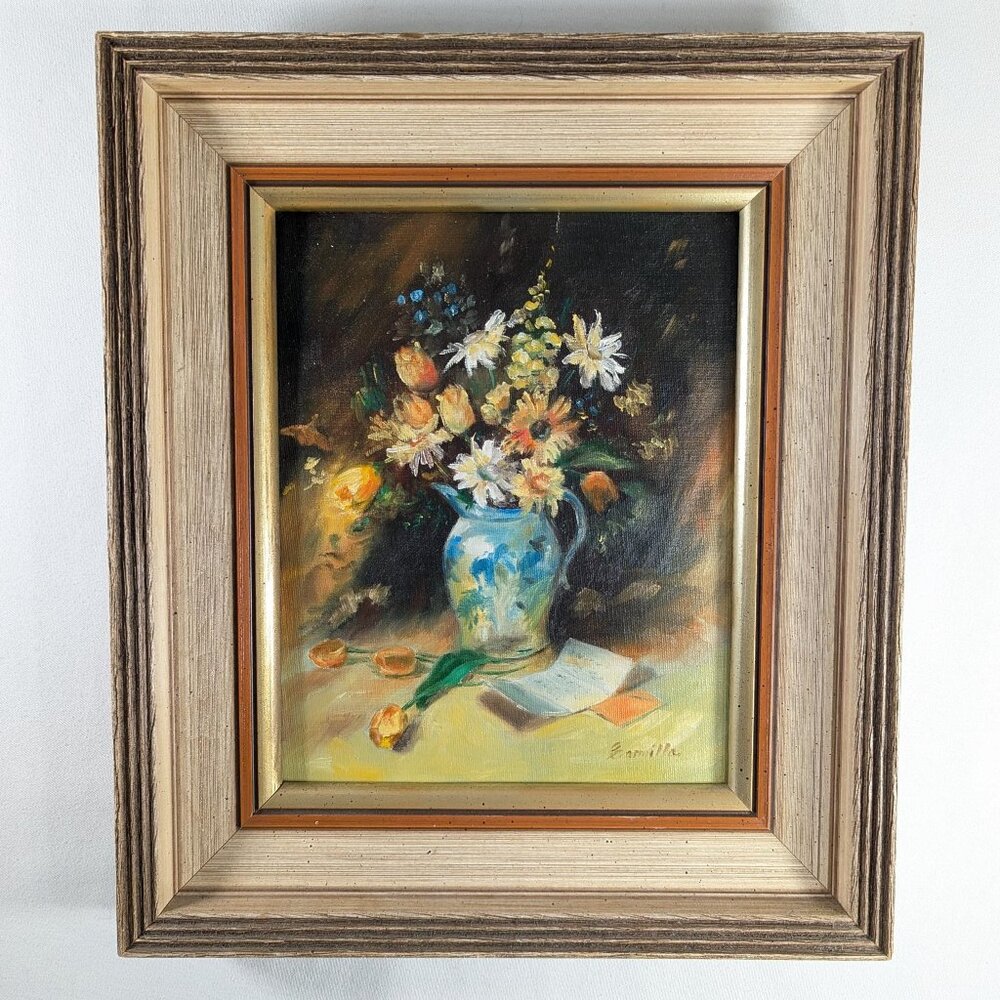 1981 Still life oil painting by Camilla Roberts vase of flowers, floral painting
